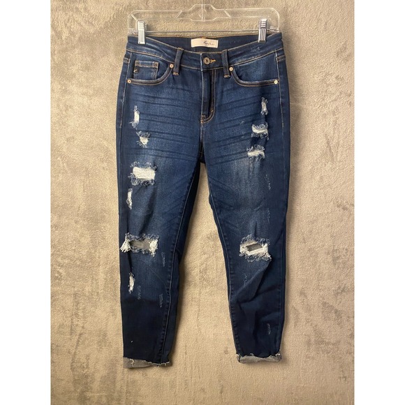 KanCan Denim - KanCan Distressed Skinny Jeans Women's 7/27 Dark Wash Stretch Denim Mid Rise